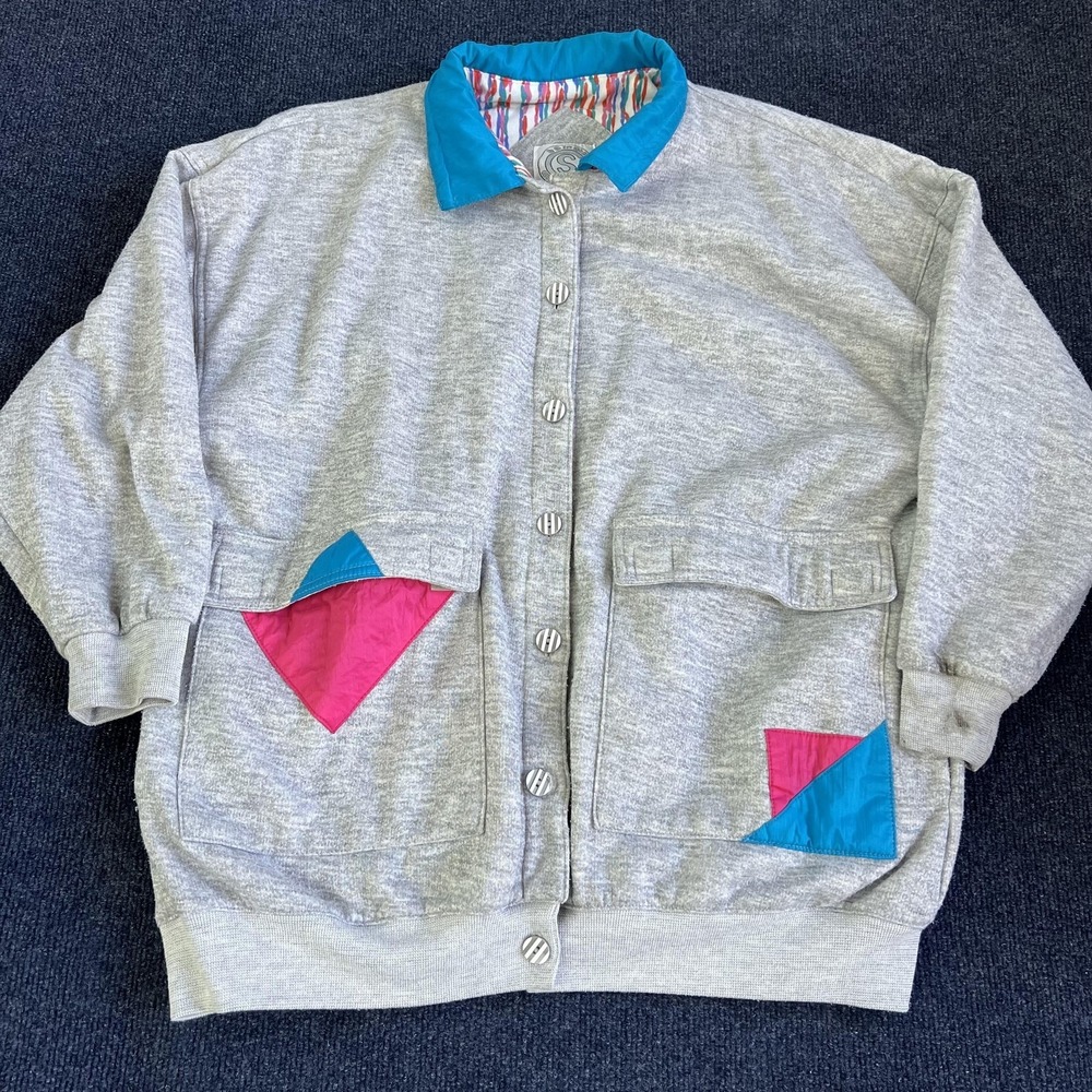 Vintage 80s Current Seen Jacket Womens One Size Gray Fleece Bomber Geometric
